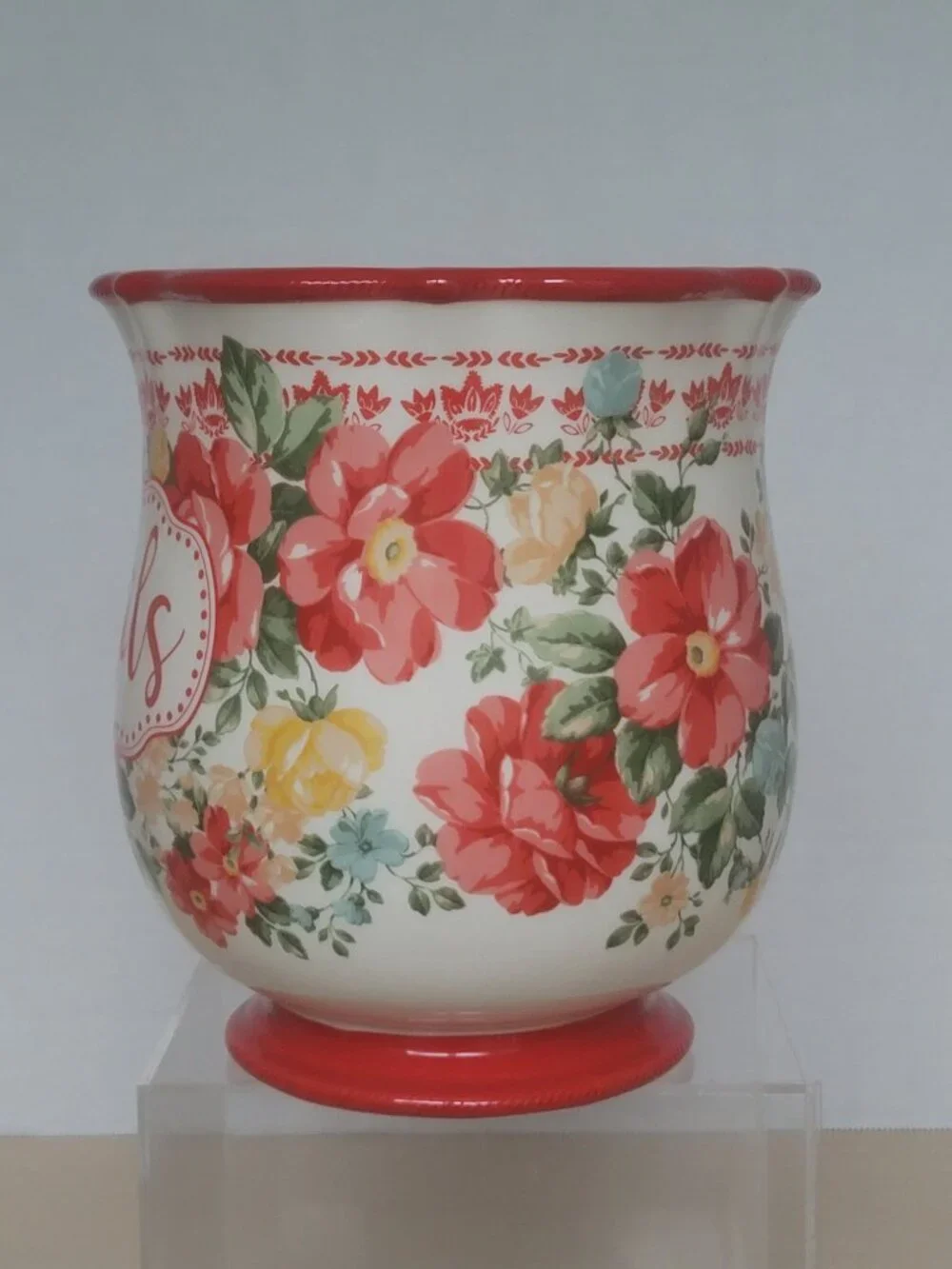 The Pioneer Woman Vintage Floral Ceramic Farmhouse Crock Pot Utensil Holder 7 in